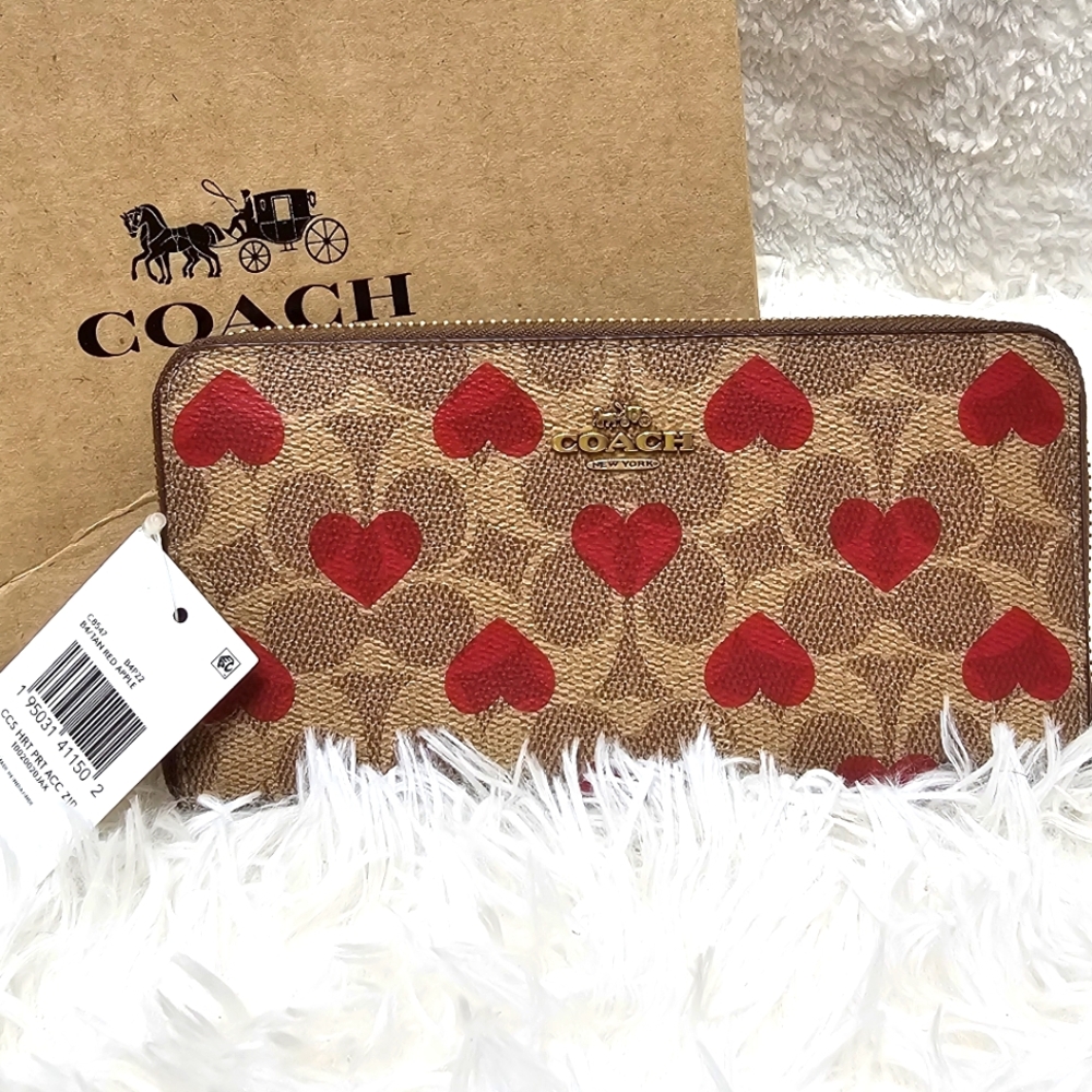 Coach C8547 Heart Print Accordian Zip Wallet B4P22 TAN/APPLE RED NWT